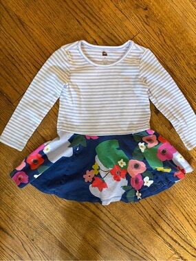 Tea collection 3T Purple Striped Long Sleeve Navy Blue Floral Skirt Dress